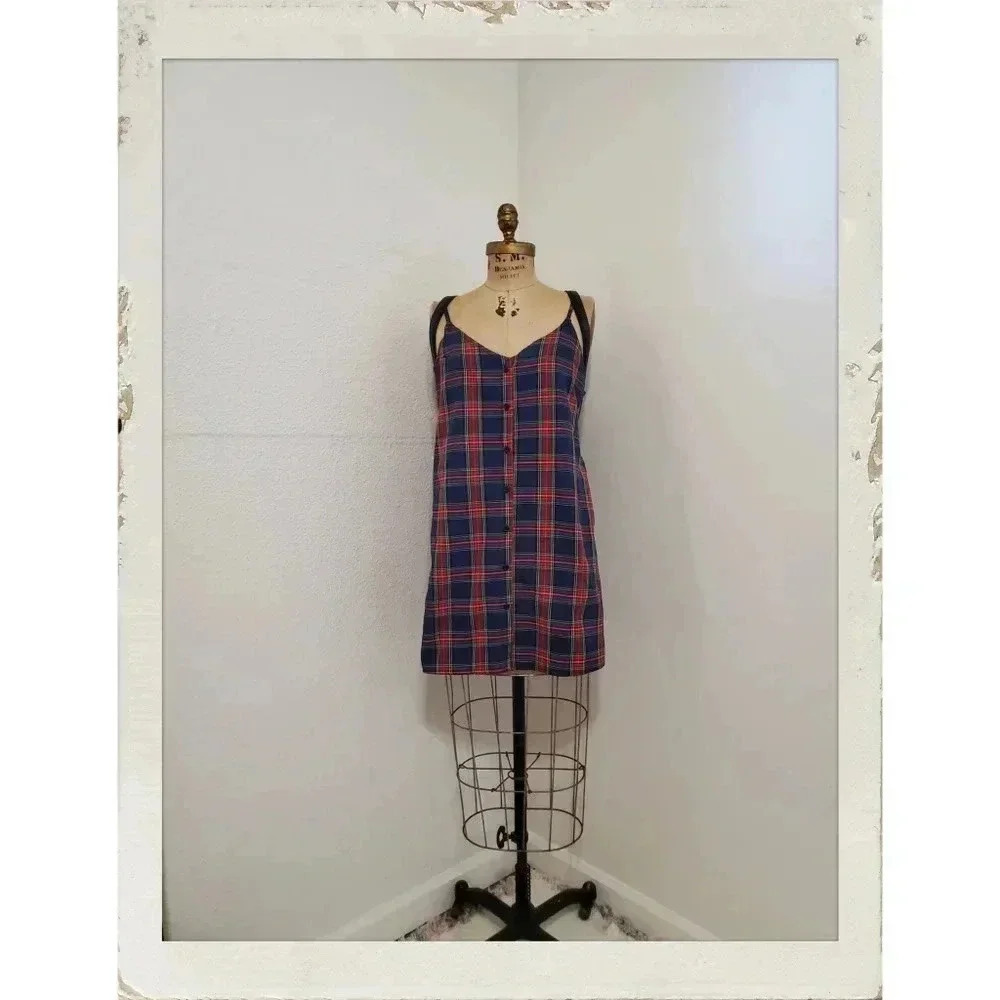 Vintage 90s Plaid Blue Red Buttons Flannel Cosplay Mod Anime Uniform Dress